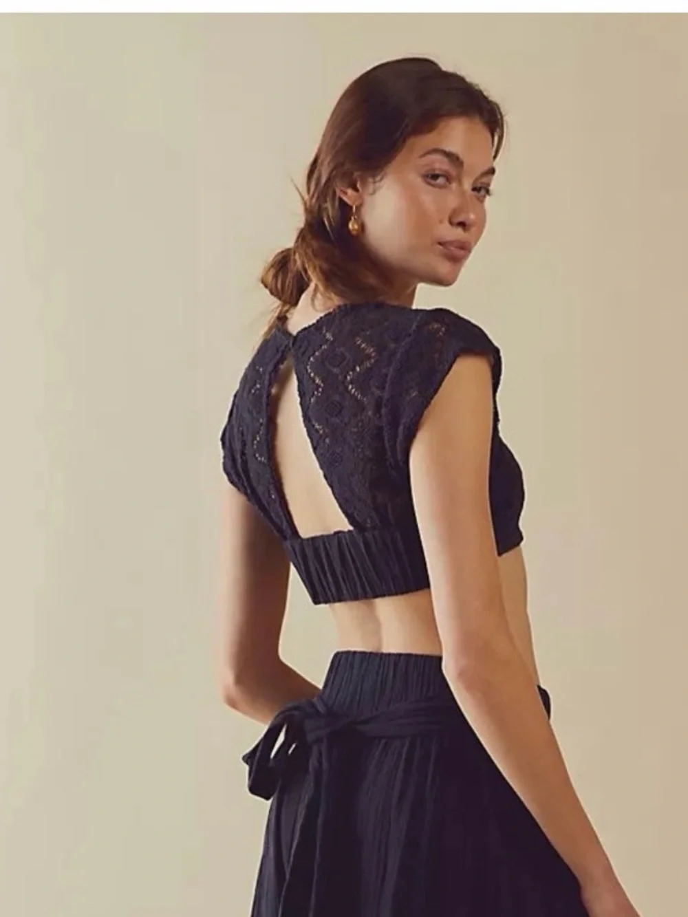 Free People Black Lace Cropped Button-Front Top